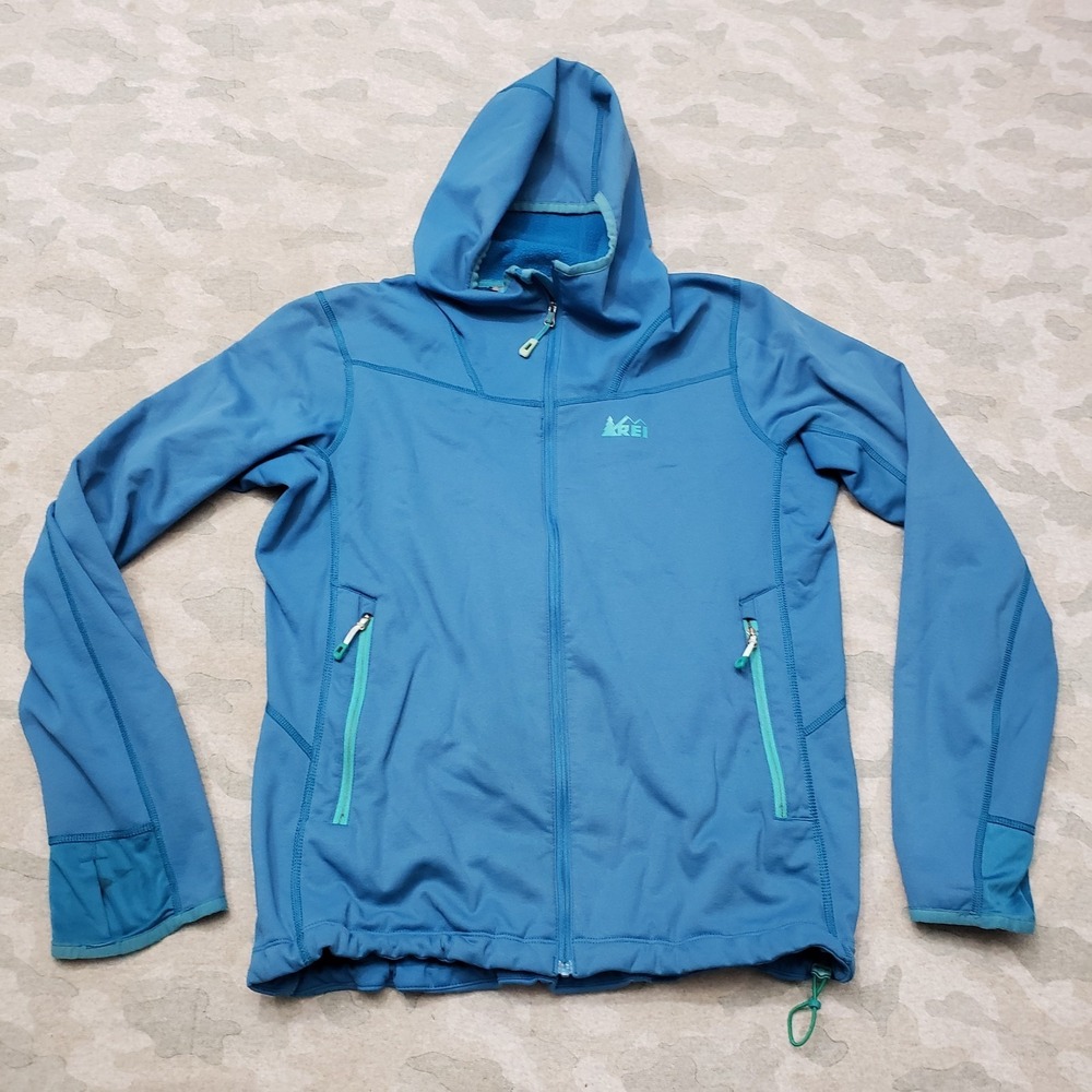 REI Jacket Womens Large Blue Full Zip Hooded Softshell Outdoors Hiking Camp